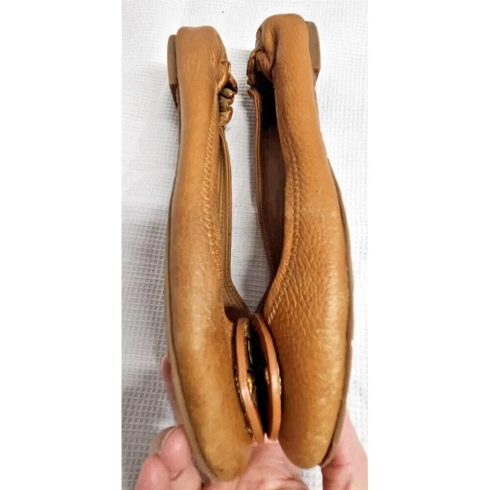 TORY BURCH Minnie travel ballet flat camel pebbled all leather upper woman Sz 6M
